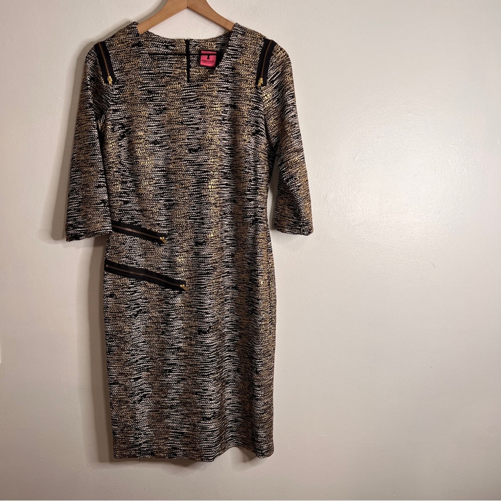 Simon Chang 3/4 Sleeve Silver Black Zipper Sheath Dress Size 4